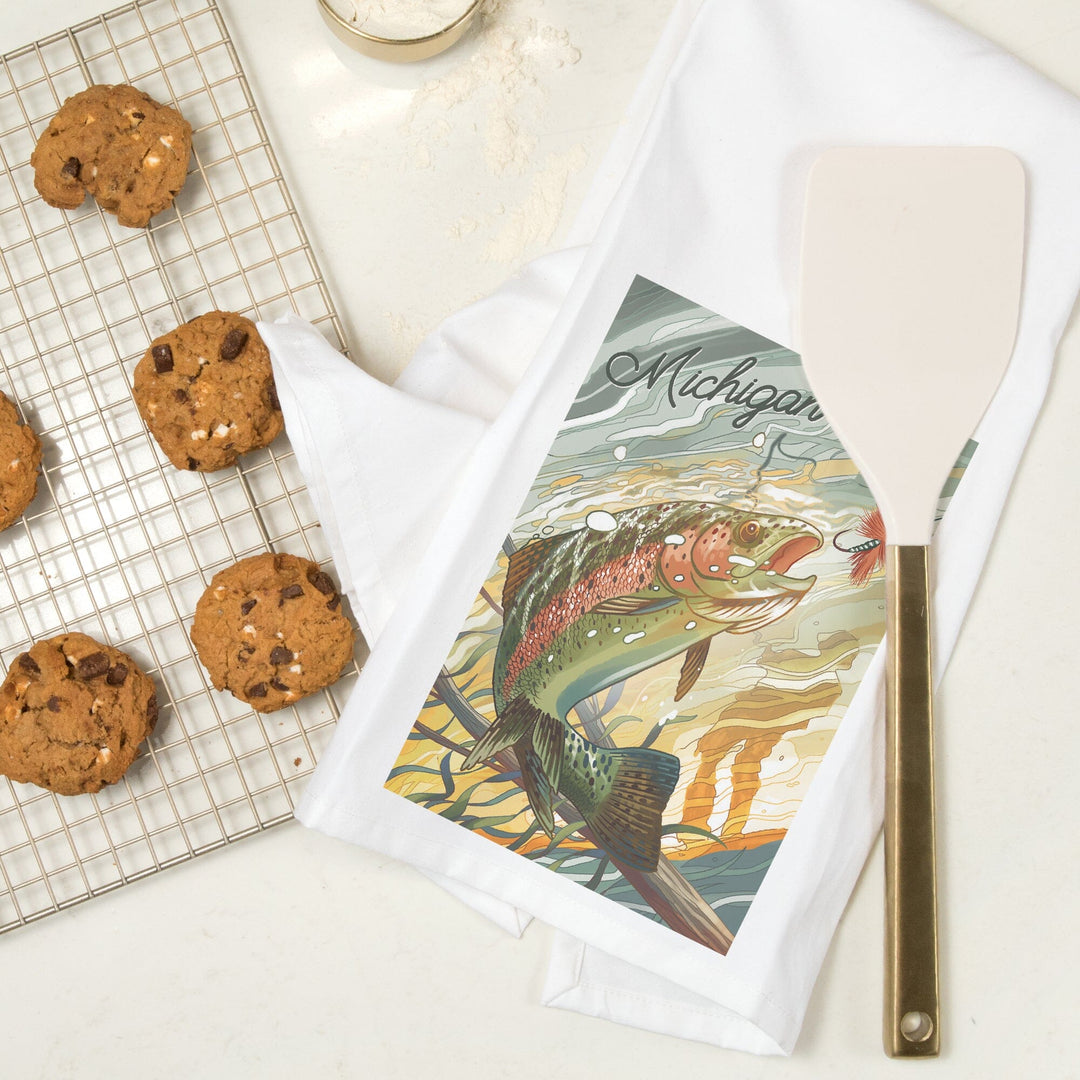 Michigan, Underwater Trout with Dry Fly, Organic Cotton Kitchen Tea Towels Kitchen Lantern Press