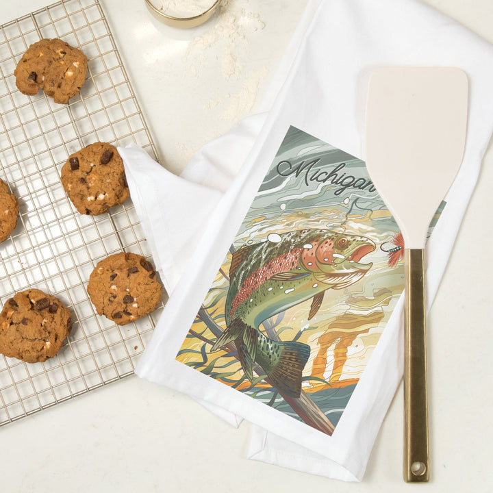 Michigan, Underwater Trout with Dry Fly, Organic Cotton Kitchen Tea Towels Kitchen Lantern Press