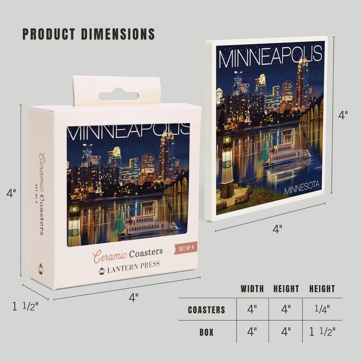Minneapolis, Minnesota, Skyline at Night, Coasters Coasters Lantern Press