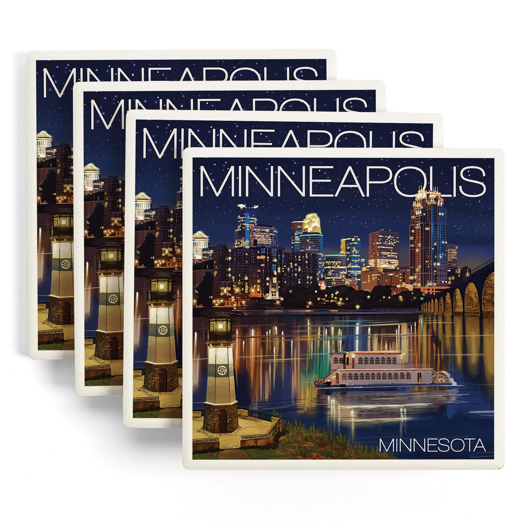 Minneapolis, Minnesota, Skyline at Night, Coasters Coasters Lantern Press