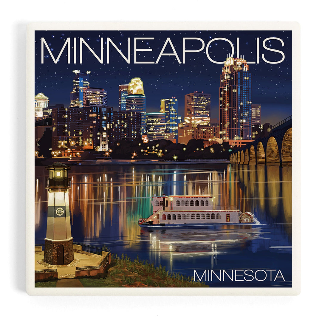 Minneapolis, Minnesota, Skyline at Night, Coasters Coasters Lantern Press