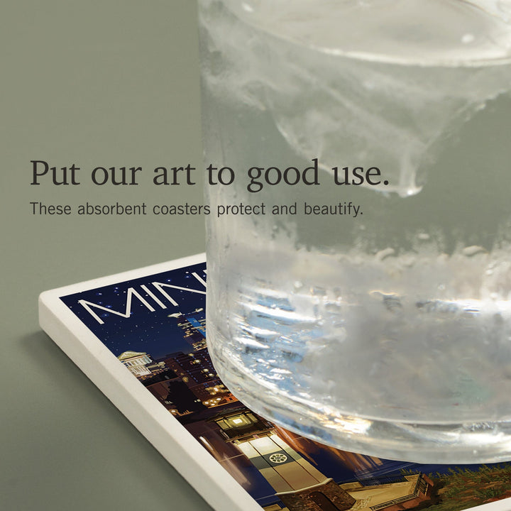 Minneapolis, Minnesota, Skyline at Night, Coasters Coasters Lantern Press