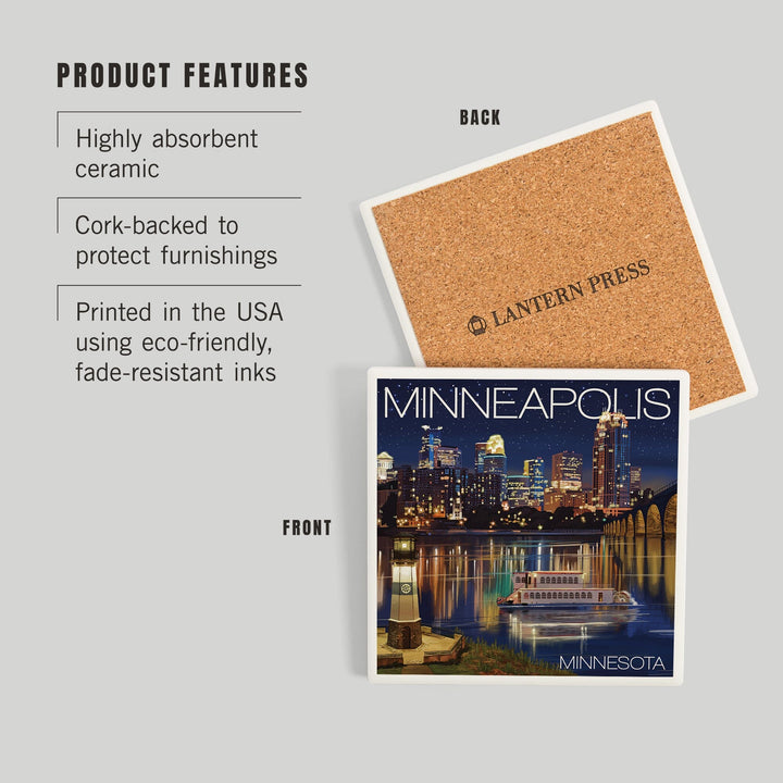 Minneapolis, Minnesota, Skyline at Night, Coasters Coasters Lantern Press
