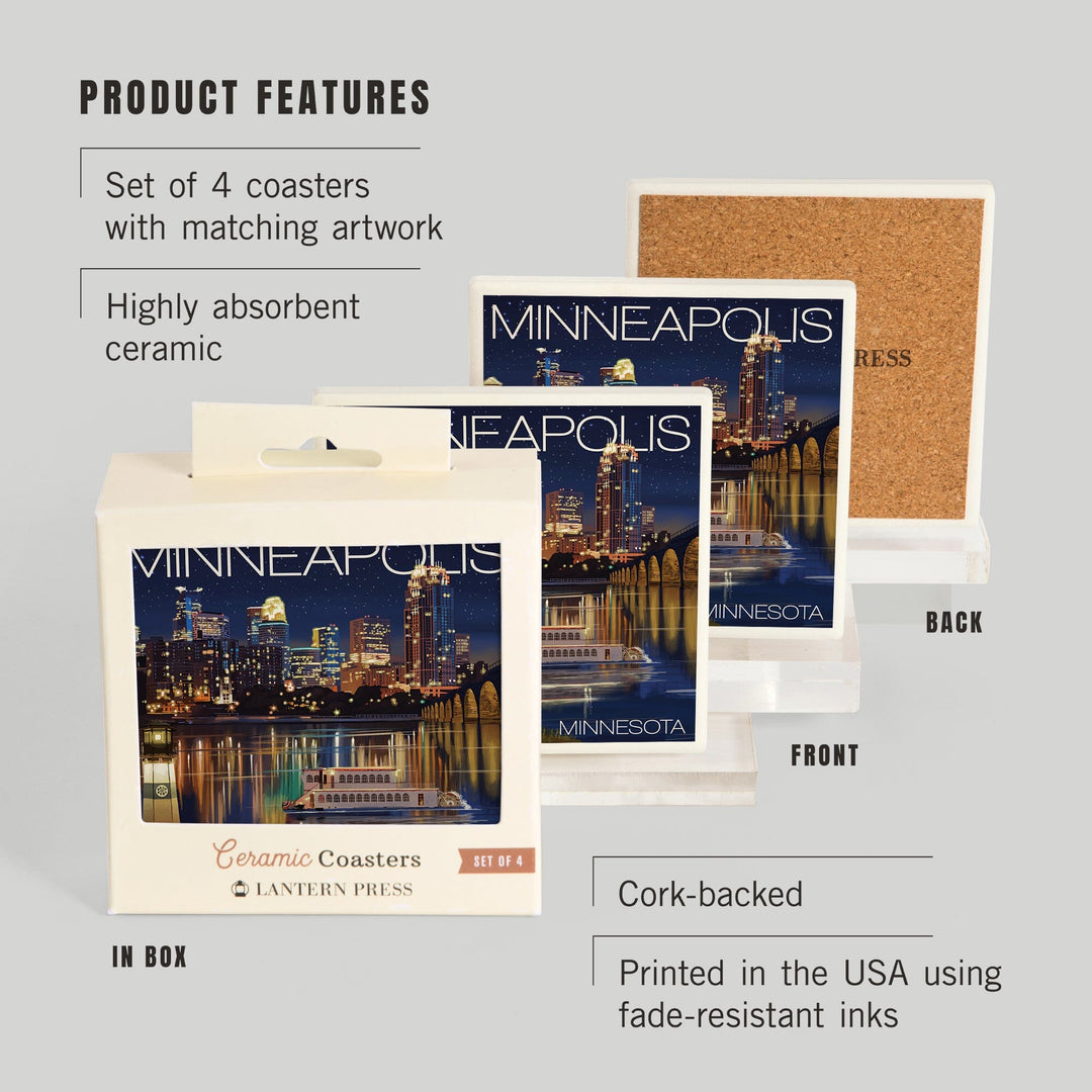 Minneapolis, Minnesota, Skyline at Night, Coasters Coasters Lantern Press