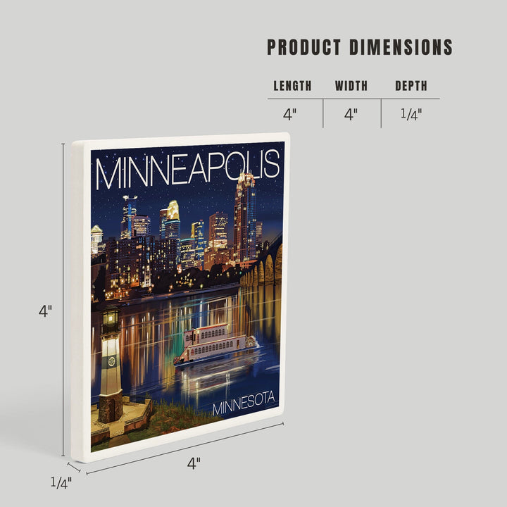 Minneapolis, Minnesota, Skyline at Night, Coasters Coasters Lantern Press