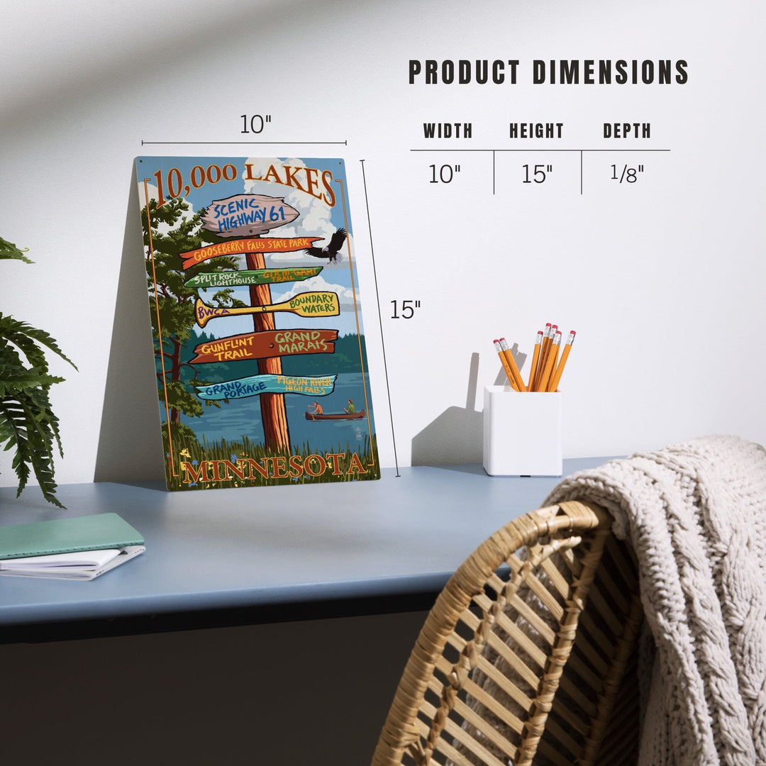Minnesota, 10,000 Lakes, Destinations Sign, Lantern Press Artwork, Wood Signs and Postcards - Lantern Press