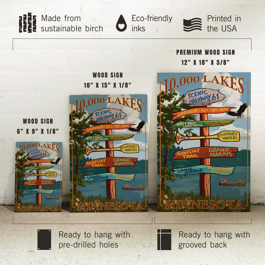 Minnesota, 10,000 Lakes, Destinations Sign, Lantern Press Artwork, Wood Signs and Postcards - Lantern Press