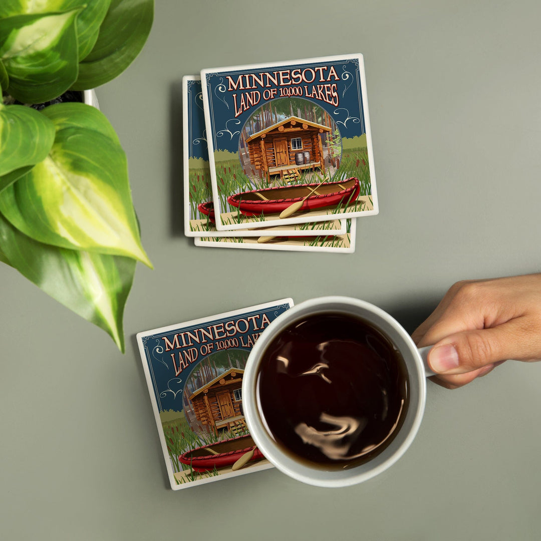 Minnesota, Cabin and Lake, Coasters Coasters Lantern Press