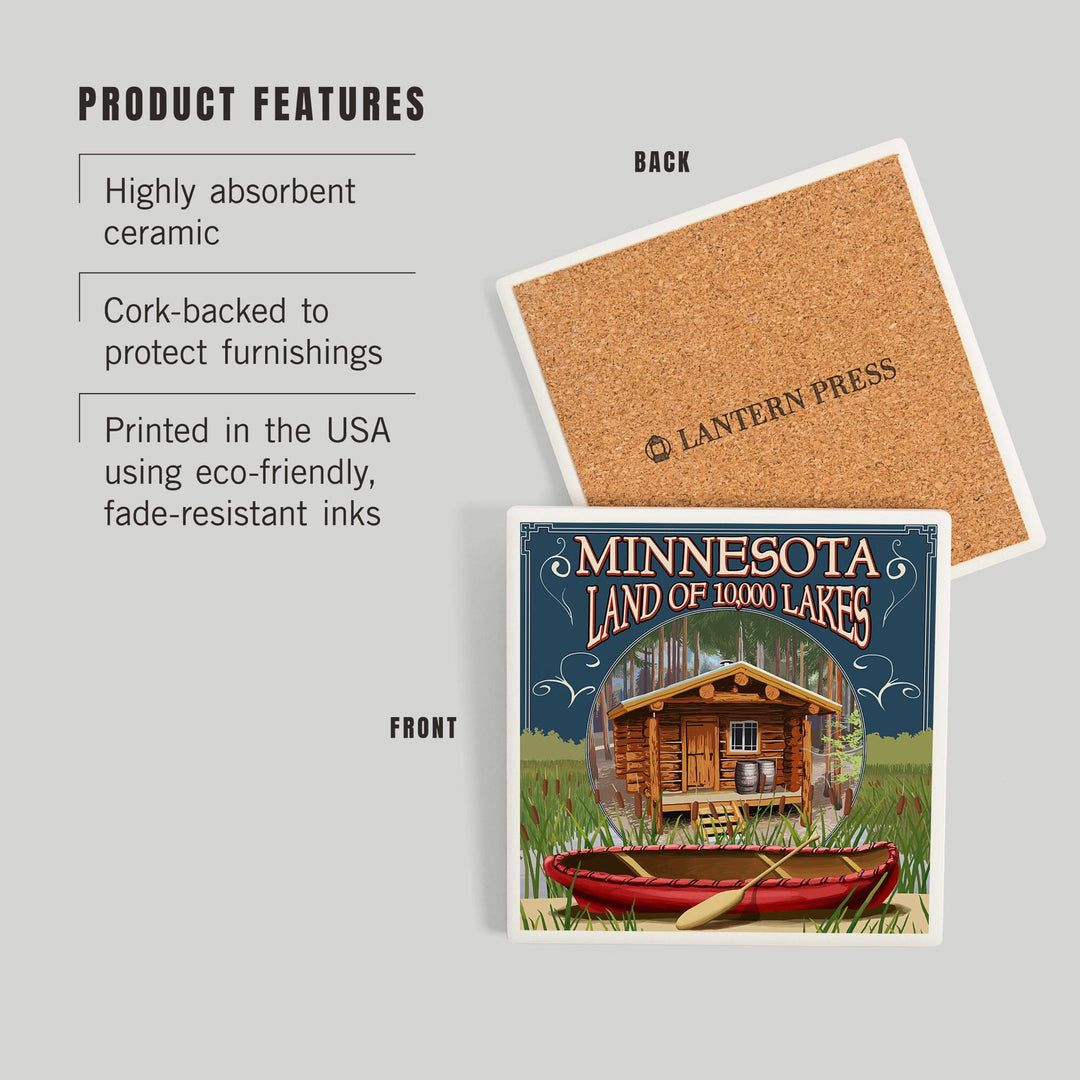 Minnesota, Cabin and Lake, Coasters Coasters Lantern Press