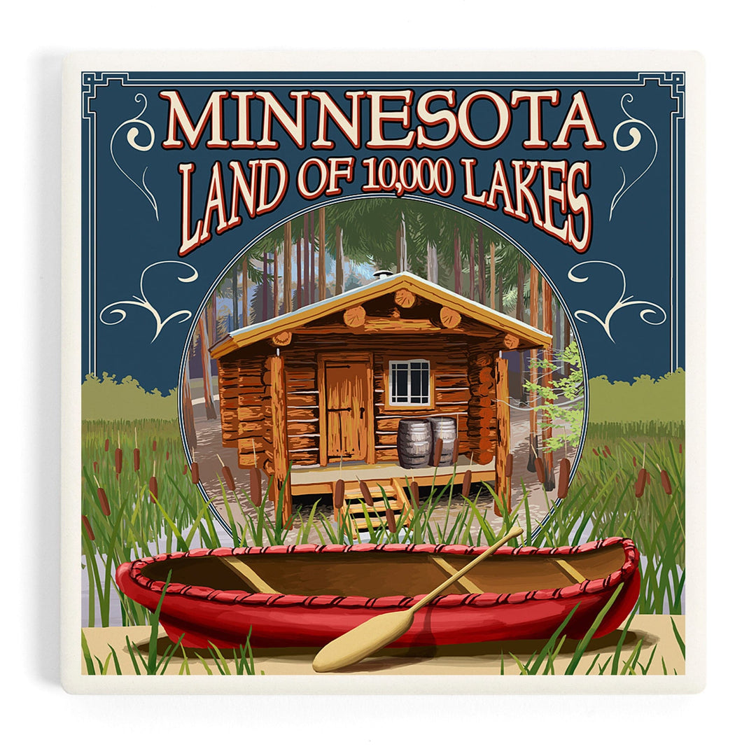 Minnesota, Cabin and Lake, Coasters Coasters Lantern Press Coaster