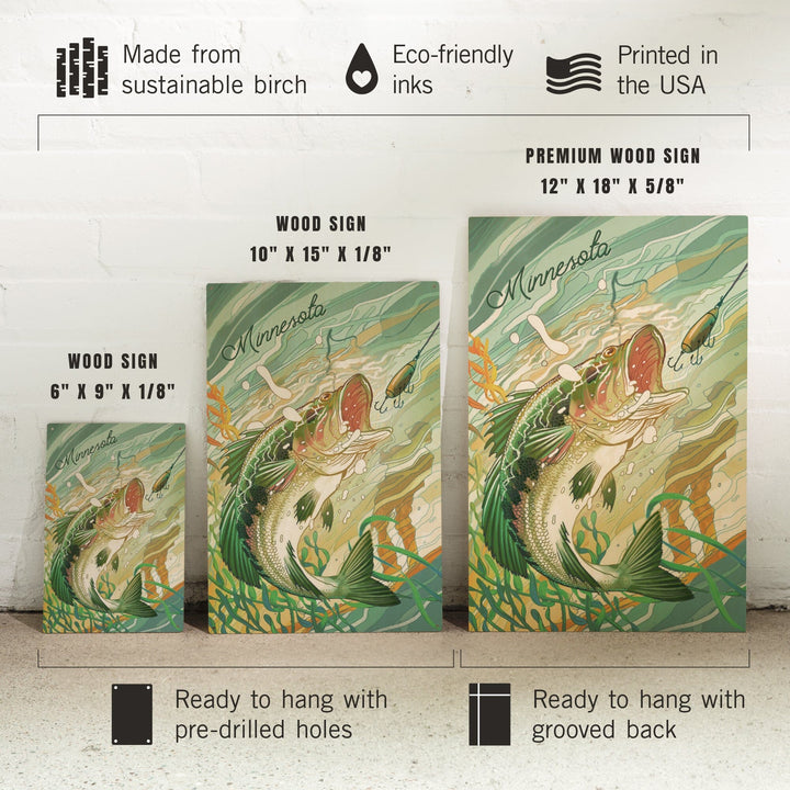 Minnesota, Fish All Day, Bass, Wood Signs and Postcards Wood Lantern Press