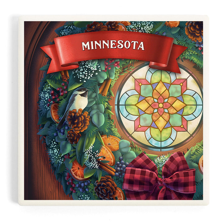 Minnesota, Front Door with Christmas Wreath, Coasters Coasters Lantern Press Coaster
