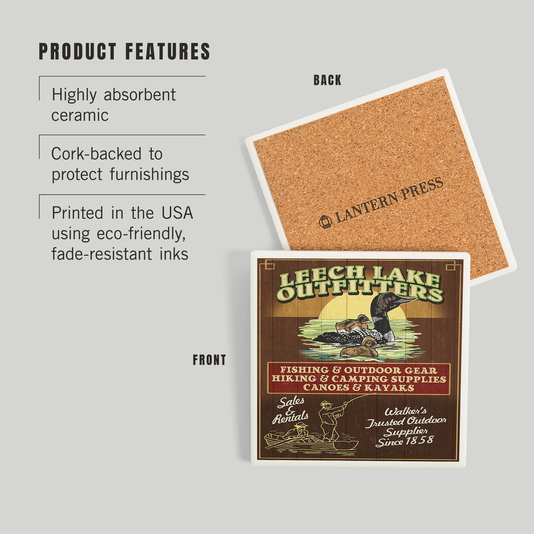 Minnesota, Leech Lake Outfitters Loon Vintage Sign, Coasters Coasters Lantern Press