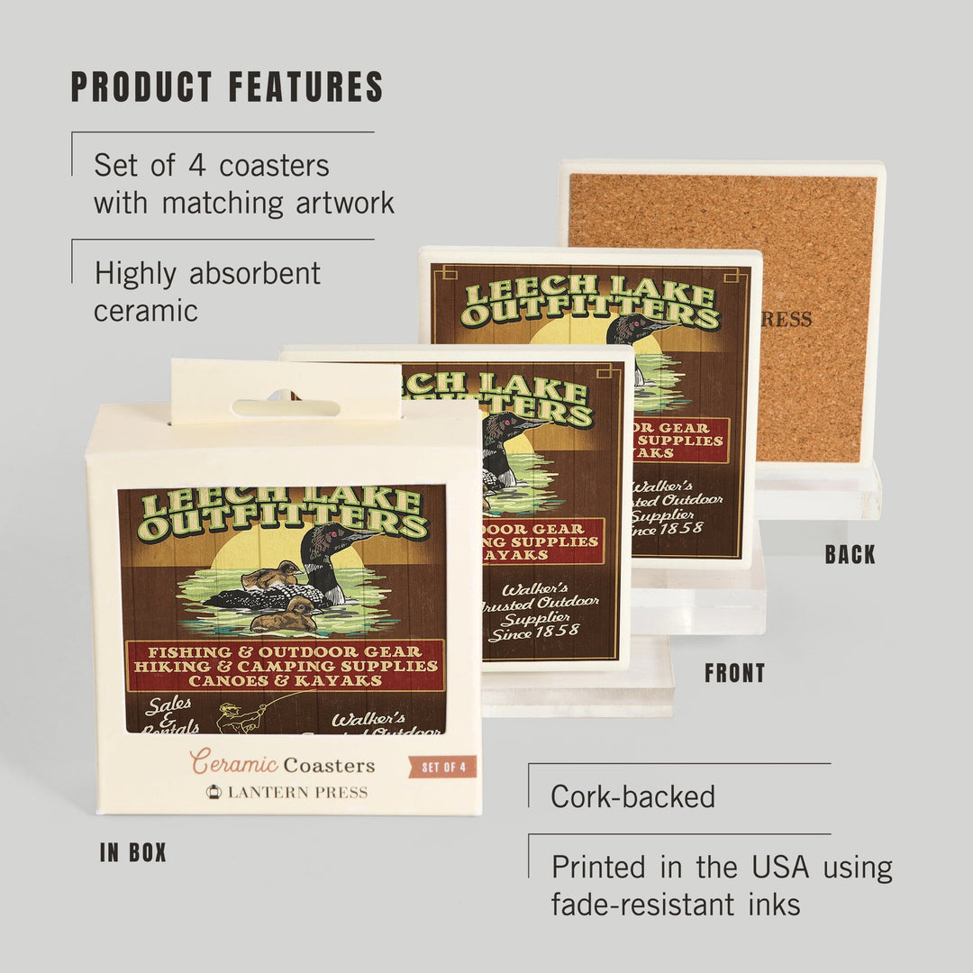 Minnesota, Leech Lake Outfitters Loon Vintage Sign, Coasters Coasters Lantern Press