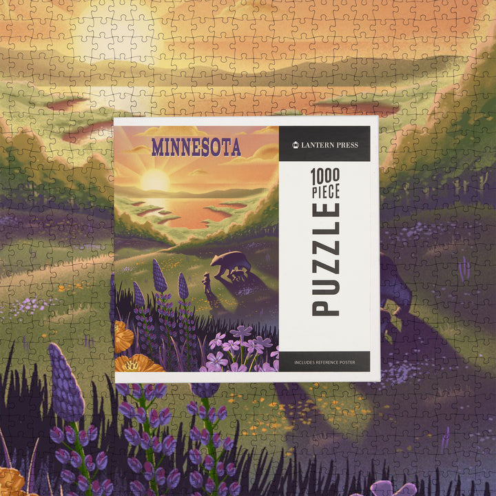 Minnesota, Lithograph, Bear and Spring Flowers, Lake, Jigsaw Puzzle Puzzle Lantern Press