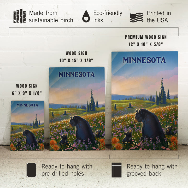 Minnesota, Lithograph, Bear Family in Field, Wood Signs and Postcards Wood Lantern Press