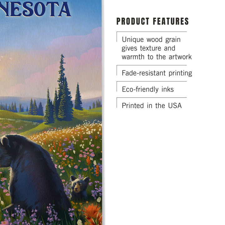 Minnesota, Lithograph, Bear Family in Field, Wood Signs and Postcards Wood Lantern Press