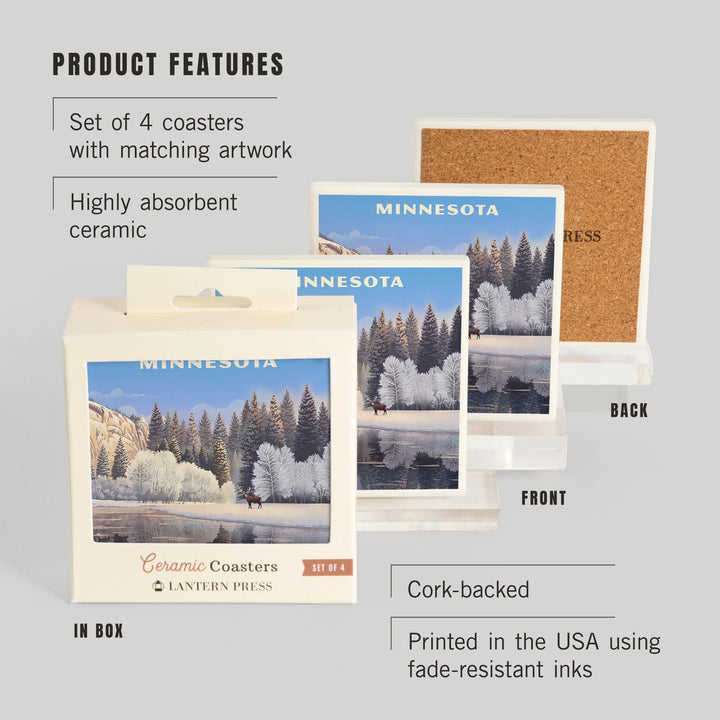 Minnesota, Lithograph, Lone Deer By Snowy Lake, Coasters Coasters Lantern Press