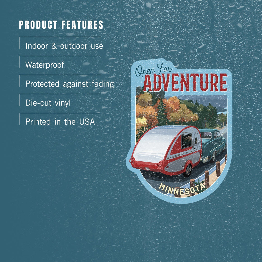 Minnesota, Open for Adventure, Retro Camper on Road, Painterly, Contour, Vinyl Sticker - Lantern Press