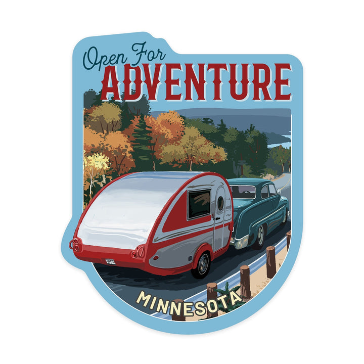 Minnesota, Open for Adventure, Retro Camper on Road, Painterly, Contour, Vinyl Sticker - Lantern Press