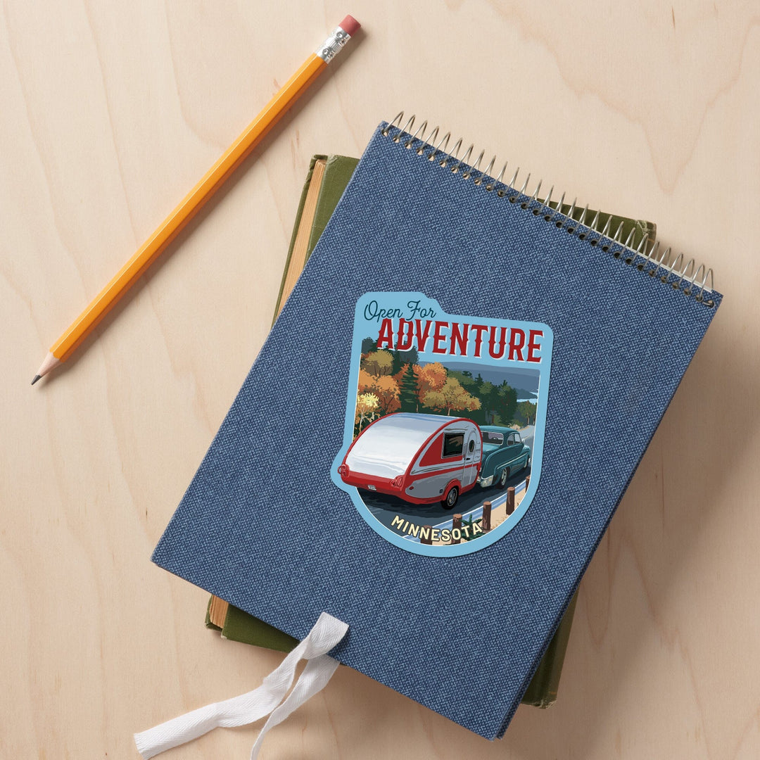 Minnesota, Open for Adventure, Retro Camper on Road, Painterly, Contour, Vinyl Sticker - Lantern Press