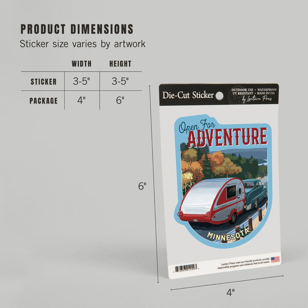 Minnesota, Open for Adventure, Retro Camper on Road, Painterly, Contour, Vinyl Sticker - Lantern Press