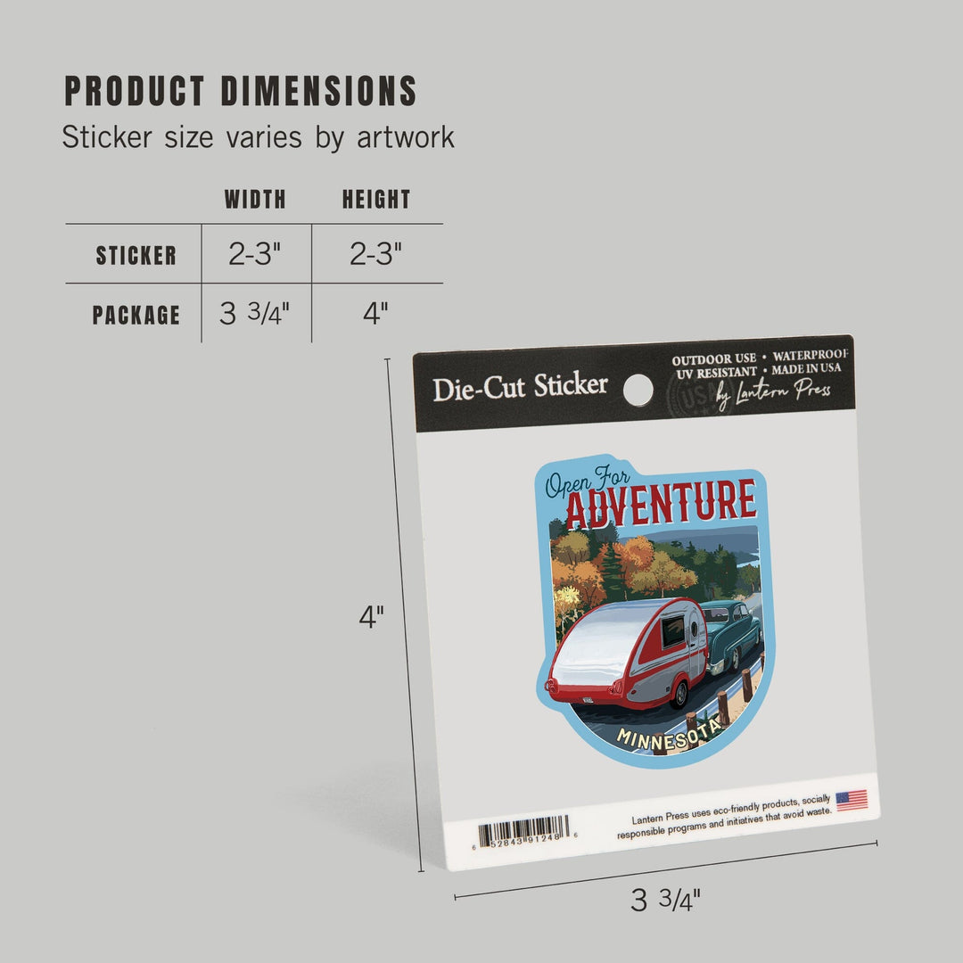 Minnesota, Open for Adventure, Retro Camper on Road, Painterly, Contour, Vinyl Sticker - Lantern Press