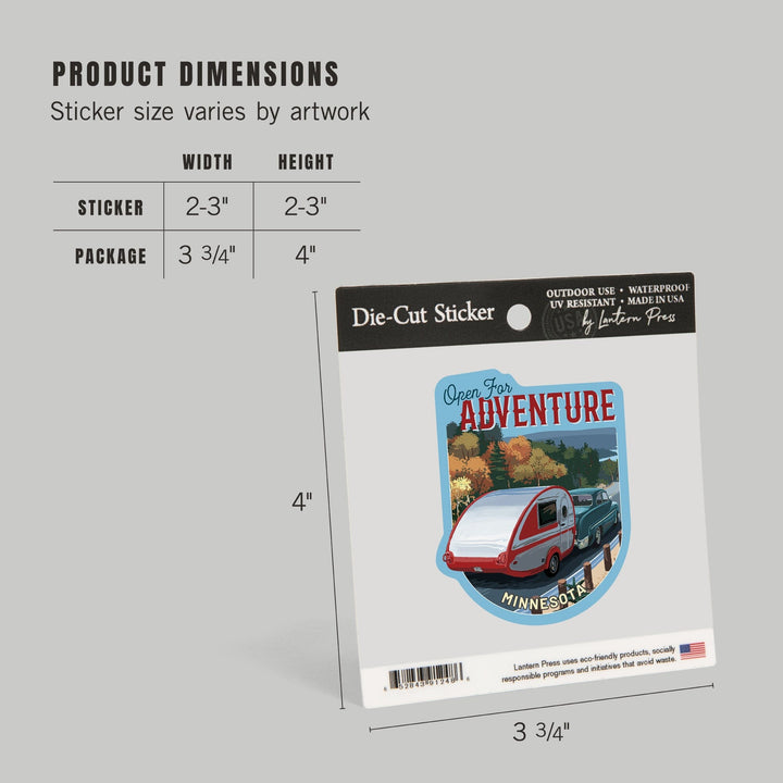 Minnesota, Open for Adventure, Retro Camper on Road, Painterly, Contour, Vinyl Sticker - Lantern Press