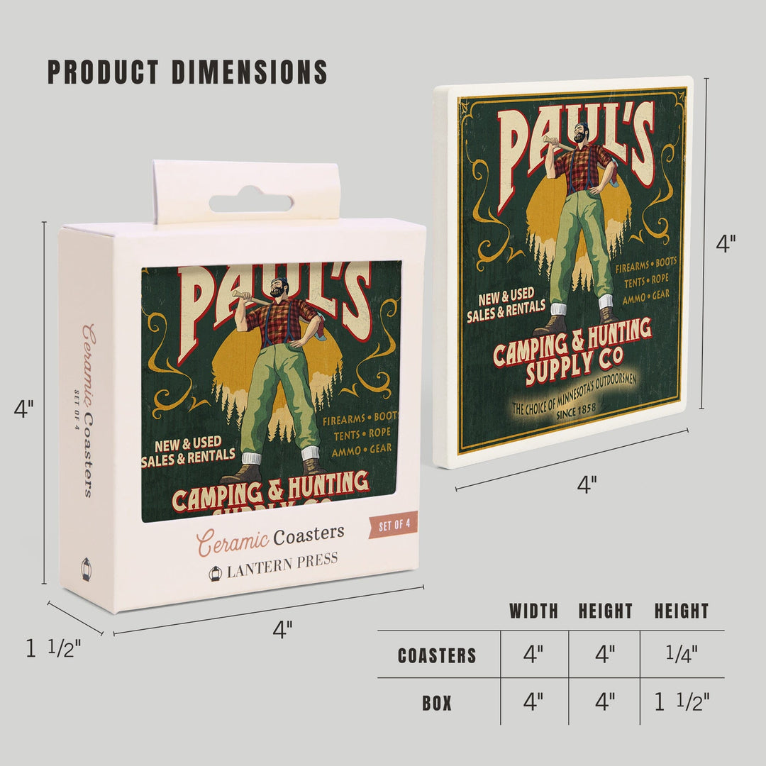Minnesota, Paul Bunyan Camping Supply Vintage Sign, Coasters Coasters Lantern Press