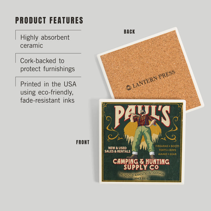 Minnesota, Paul Bunyan Camping Supply Vintage Sign, Coasters Coasters Lantern Press