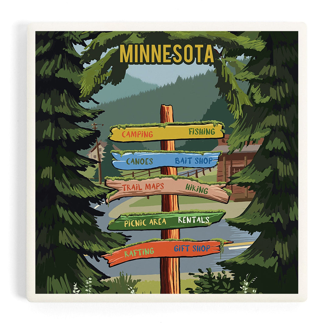 Minnesota, Signpost, Forest and Camp, Coasters Coasters Lantern Press Coaster