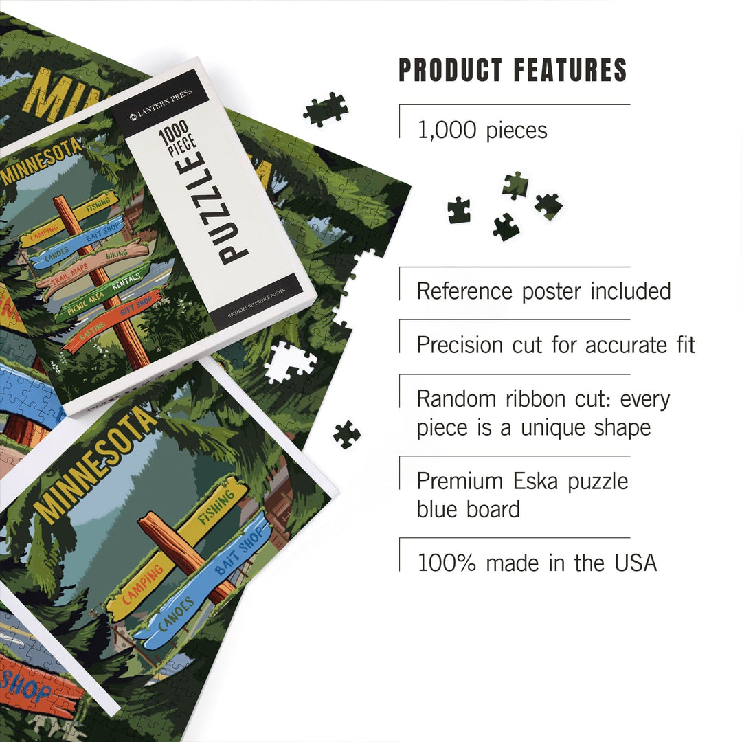 Minnesota, Signpost, Forest and Camp, Jigsaw Puzzle Puzzle Lantern Press