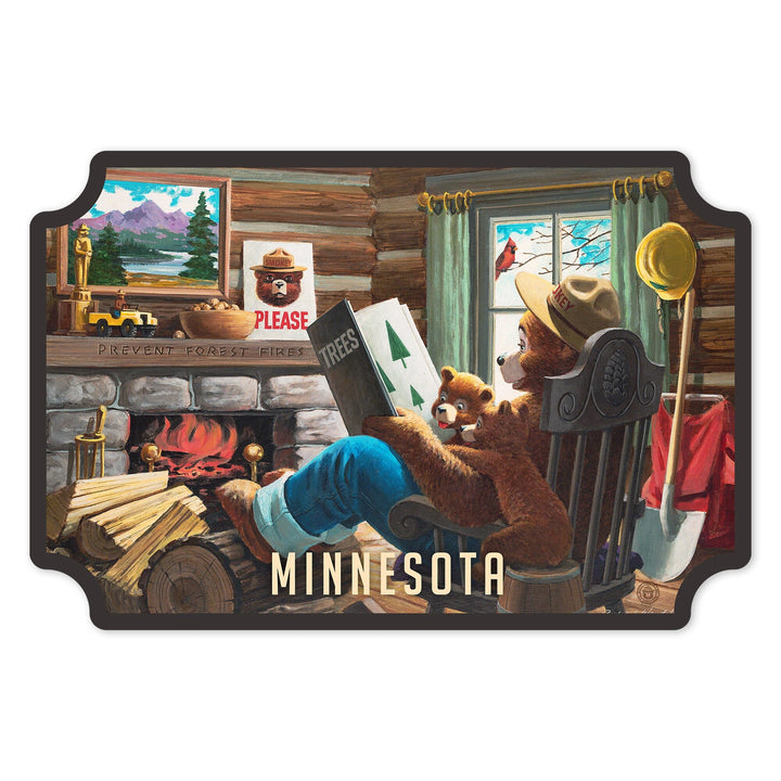 Minnesota, Smokey Bear, Reading Book to Cubs, Vintage Poster, Contour, Vinyl Sticker Sticker Lantern Press