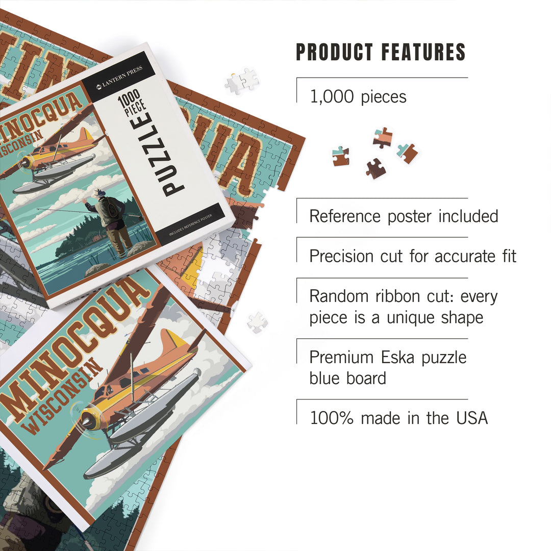 Minocqua, Wisconsin, Float Plane and Fisherman, Jigsaw Puzzle Puzzle Lantern Press