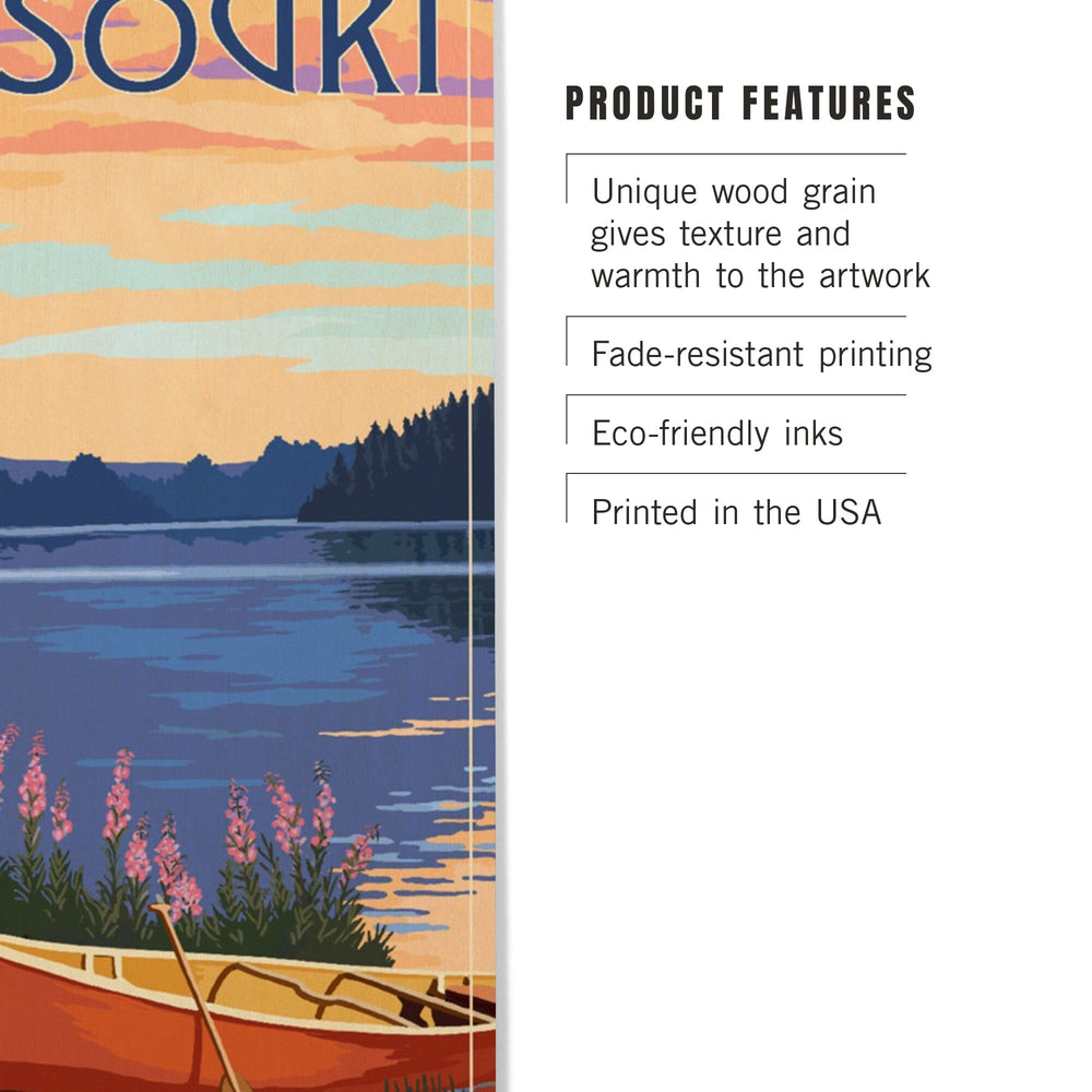 Missouri, Canoe & Lake, Lantern Press Artwork, Wood Signs and Postcards Wood Lantern Press