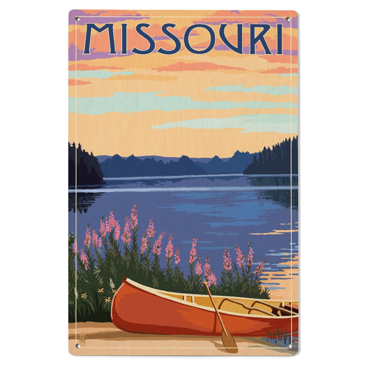 Missouri, Canoe & Lake, Lantern Press Artwork, Wood Signs and Postcards Wood Lantern Press