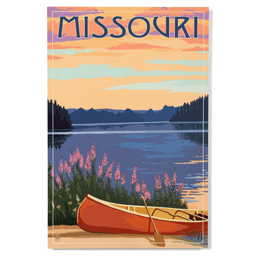 Missouri, Canoe & Lake, Lantern Press Artwork, Wood Signs and Postcards Wood Lantern Press