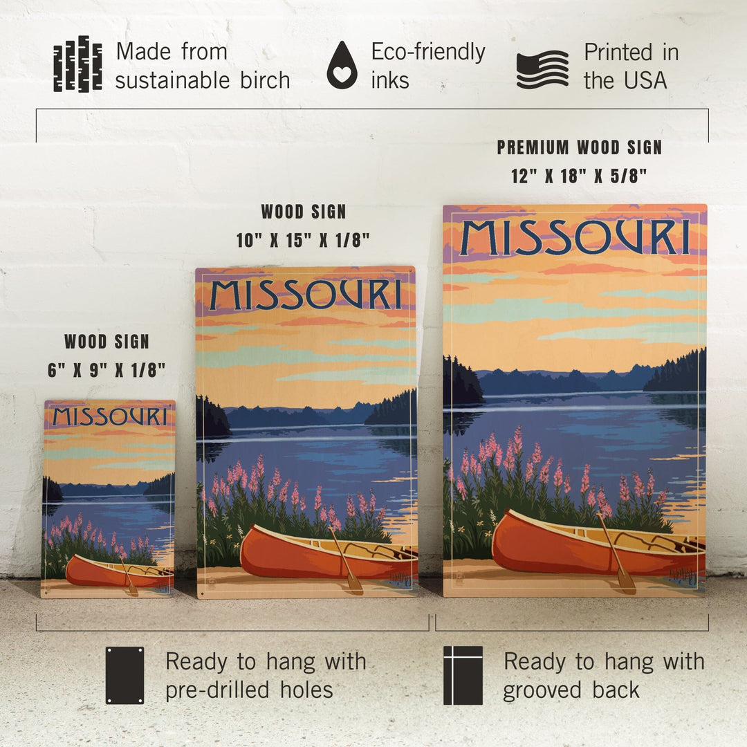 Missouri, Canoe & Lake, Lantern Press Artwork, Wood Signs and Postcards Wood Lantern Press