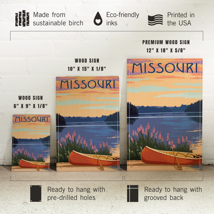 Missouri, Canoe & Lake, Lantern Press Artwork, Wood Signs and Postcards Wood Lantern Press