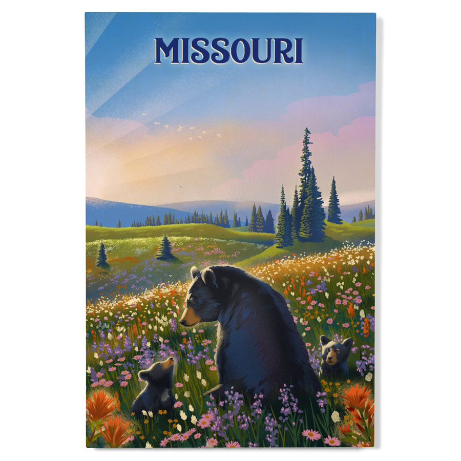 Missouri, Lithograph, Bear Family in Field, Wood Signs and Postcards Wood Lantern Press