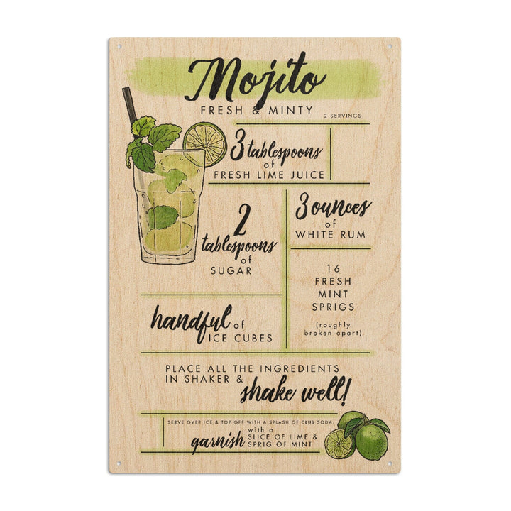 Mojito, Cocktail Recipe, Lantern Press Artwork, Wood Signs and Postcards Wood Lantern Press 10 x 15 Wood Sign