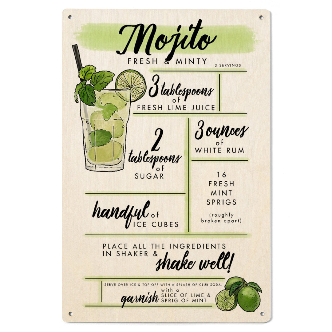 Mojito, Cocktail Recipe, Lantern Press Artwork, Wood Signs and Postcards Wood Lantern Press