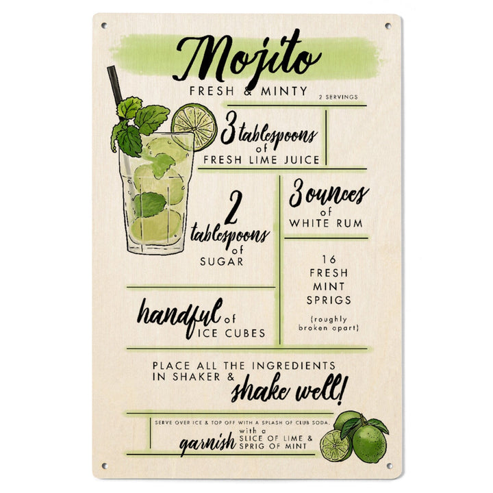 Mojito, Cocktail Recipe, Lantern Press Artwork, Wood Signs and Postcards Wood Lantern Press