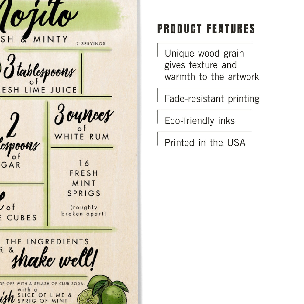 Mojito, Cocktail Recipe, Lantern Press Artwork, Wood Signs and Postcards Wood Lantern Press