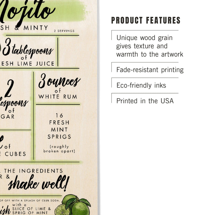 Mojito, Cocktail Recipe, Lantern Press Artwork, Wood Signs and Postcards Wood Lantern Press