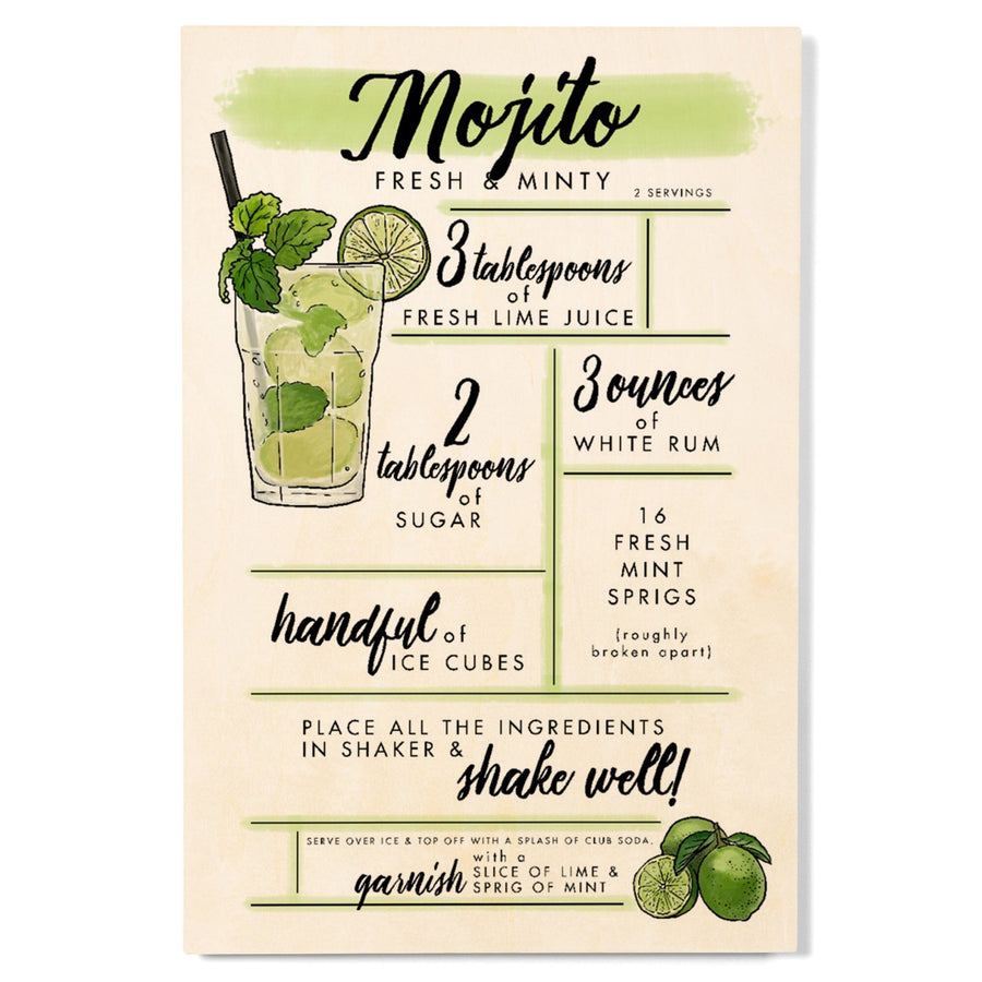 Mojito, Cocktail Recipe, Lantern Press Artwork, Wood Signs and Postcards Wood Lantern Press