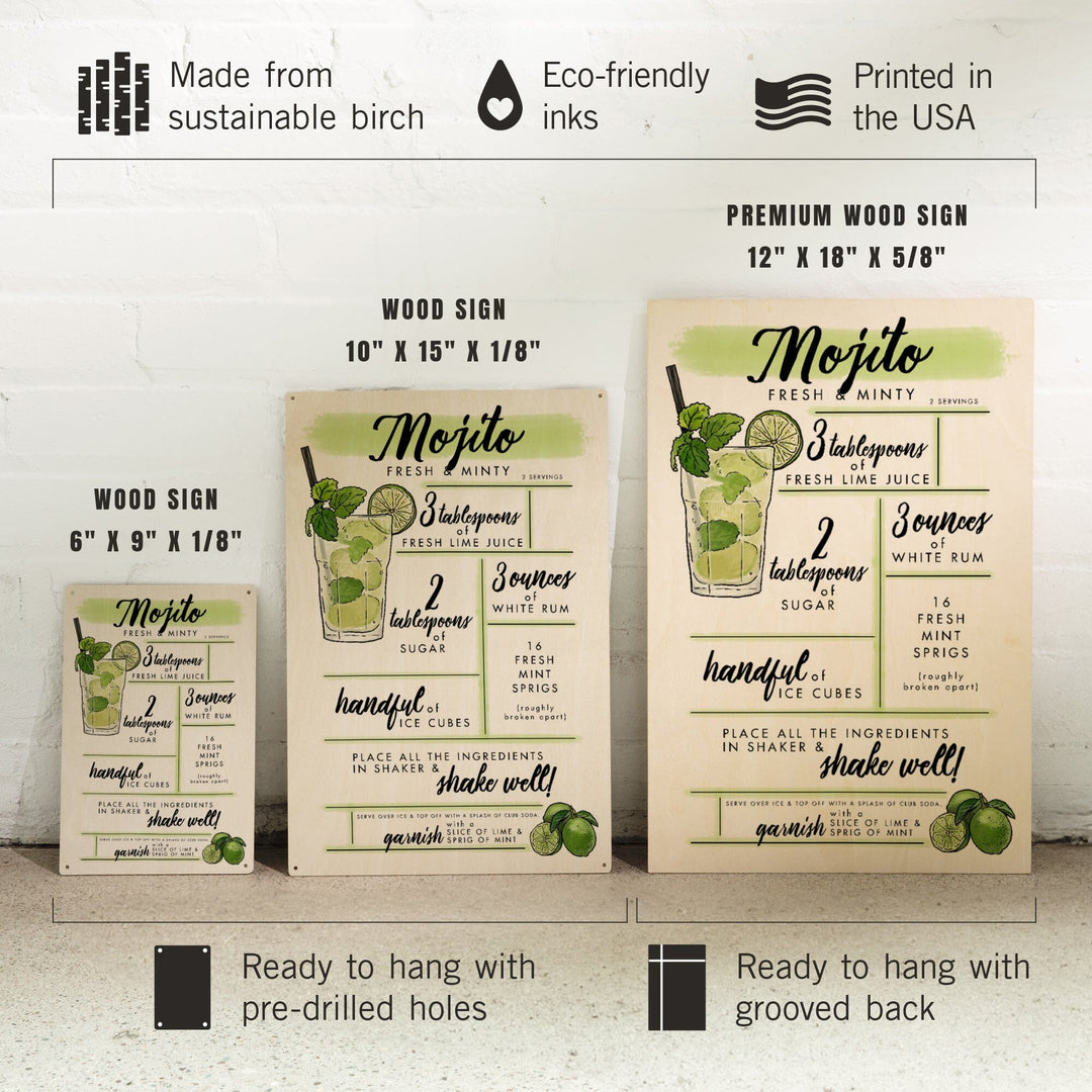 Mojito, Cocktail Recipe, Lantern Press Artwork, Wood Signs and Postcards Wood Lantern Press