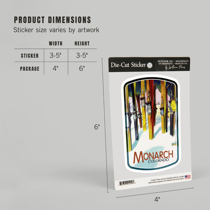 Monarch, Colorado, Colorful Skis, Contour, Vinyl Sticker Sticker Lantern Press