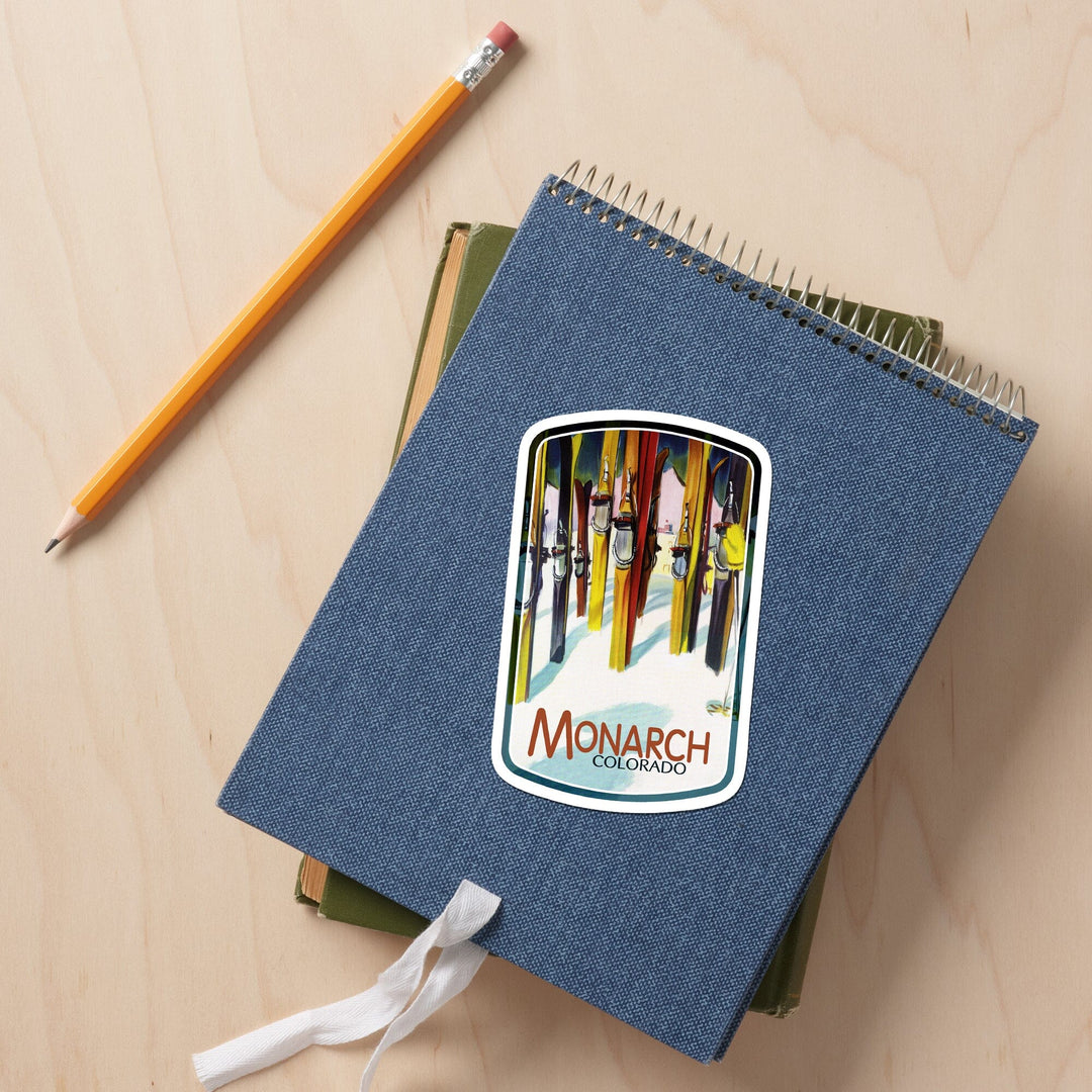 Monarch, Colorado, Colorful Skis, Contour, Vinyl Sticker Sticker Lantern Press
