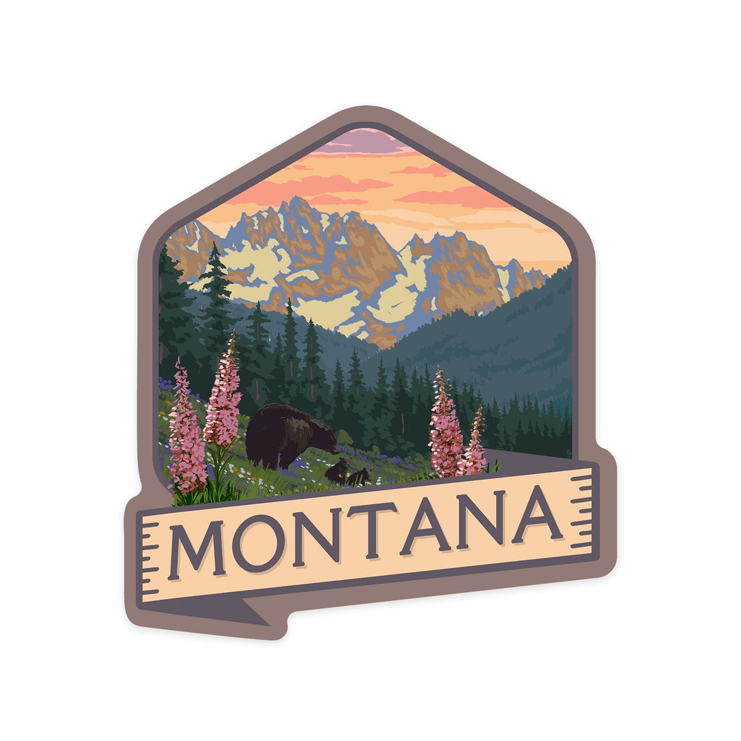 Montana, Bear & Spring Flowers, Contour, Lantern Press Artwork, Vinyl Sticker Sticker Lantern Press
